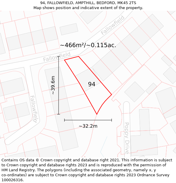 94, FALLOWFIELD, AMPTHILL, BEDFORD, MK45 2TS: Plot and title map