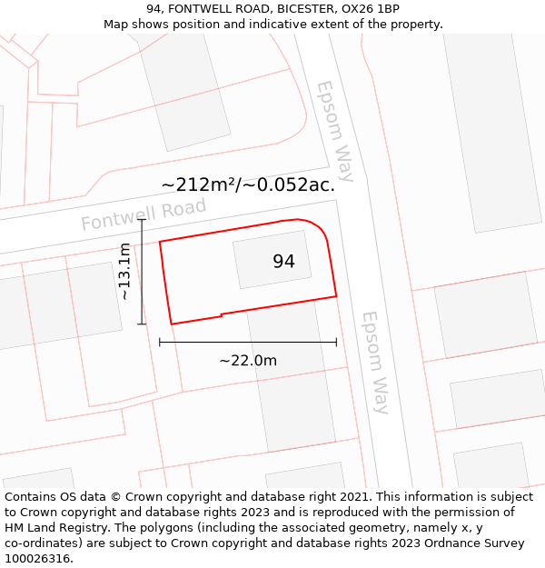 94, FONTWELL ROAD, BICESTER, OX26 1BP: Plot and title map