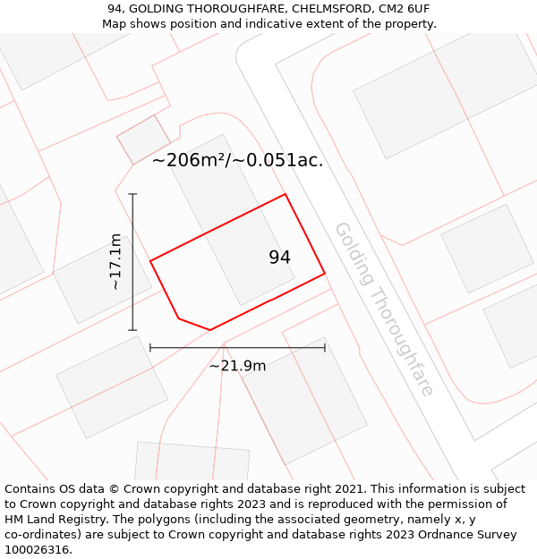 94, GOLDING THOROUGHFARE, CHELMSFORD, CM2 6UF: Plot and title map