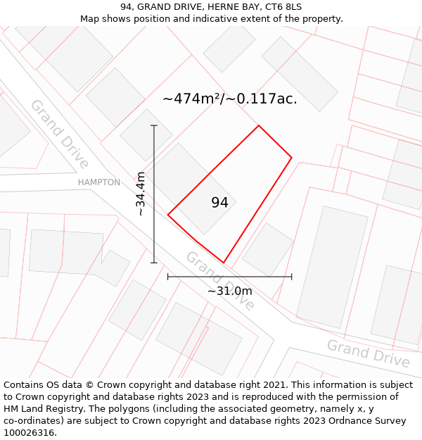94, GRAND DRIVE, HERNE BAY, CT6 8LS: Plot and title map