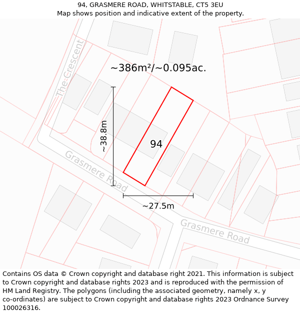 94, GRASMERE ROAD, WHITSTABLE, CT5 3EU: Plot and title map