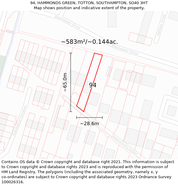 94, HAMMONDS GREEN, TOTTON, SOUTHAMPTON, SO40 3HT: Plot and title map