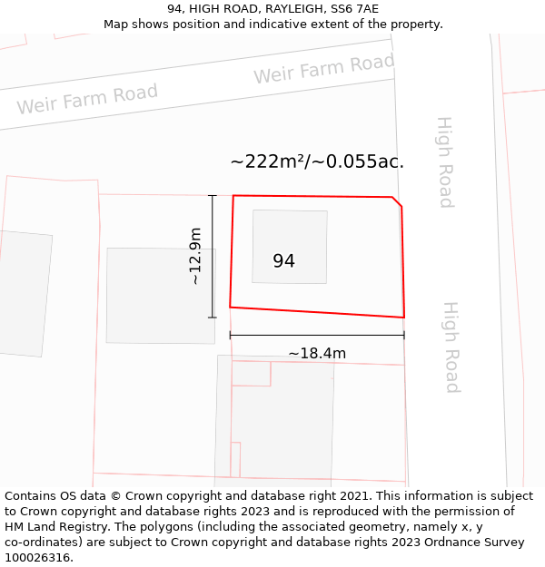 94, HIGH ROAD, RAYLEIGH, SS6 7AE: Plot and title map