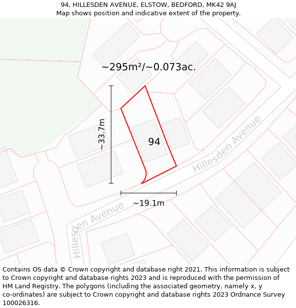 94, HILLESDEN AVENUE, ELSTOW, BEDFORD, MK42 9AJ: Plot and title map