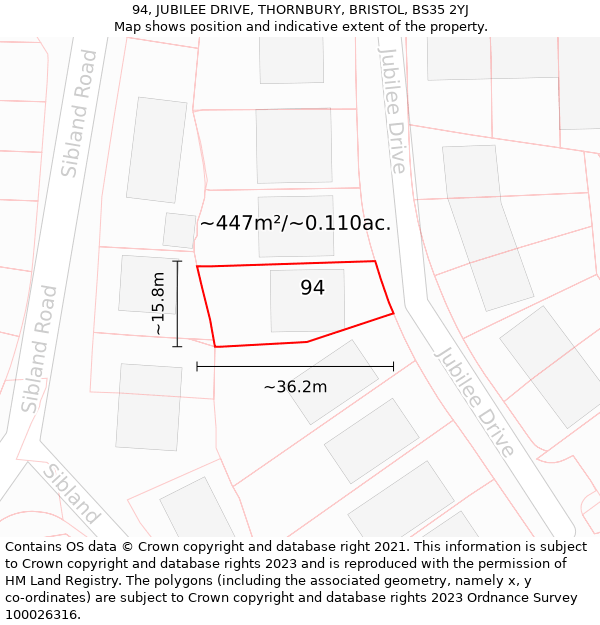 94, JUBILEE DRIVE, THORNBURY, BRISTOL, BS35 2YJ: Plot and title map