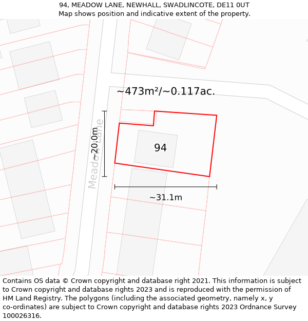 94, MEADOW LANE, NEWHALL, SWADLINCOTE, DE11 0UT: Plot and title map