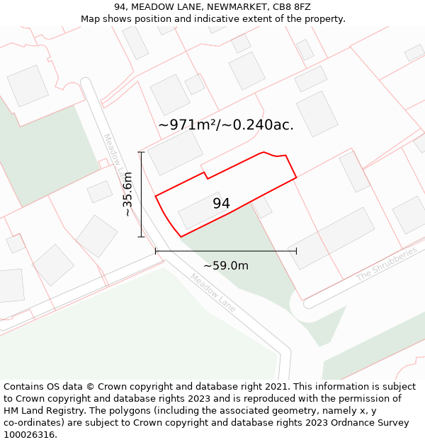 94, MEADOW LANE, NEWMARKET, CB8 8FZ: Plot and title map