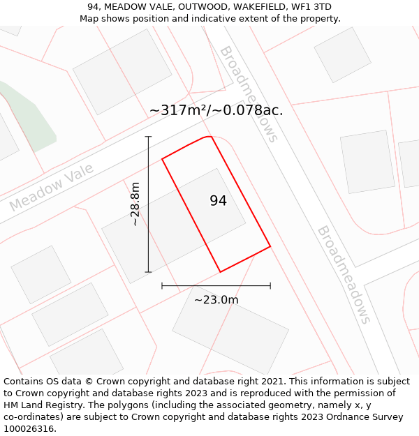 94, MEADOW VALE, OUTWOOD, WAKEFIELD, WF1 3TD: Plot and title map