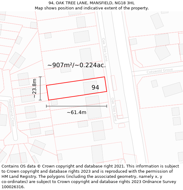 94, OAK TREE LANE, MANSFIELD, NG18 3HL: Plot and title map