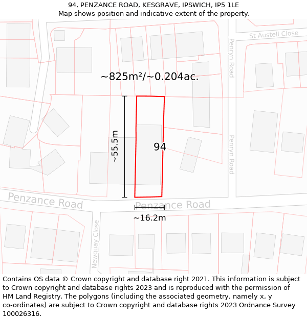 94, PENZANCE ROAD, KESGRAVE, IPSWICH, IP5 1LE: Plot and title map