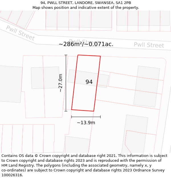 94, PWLL STREET, LANDORE, SWANSEA, SA1 2PB: Plot and title map