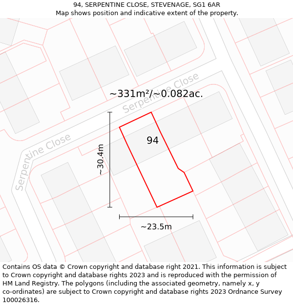 94, SERPENTINE CLOSE, STEVENAGE, SG1 6AR: Plot and title map