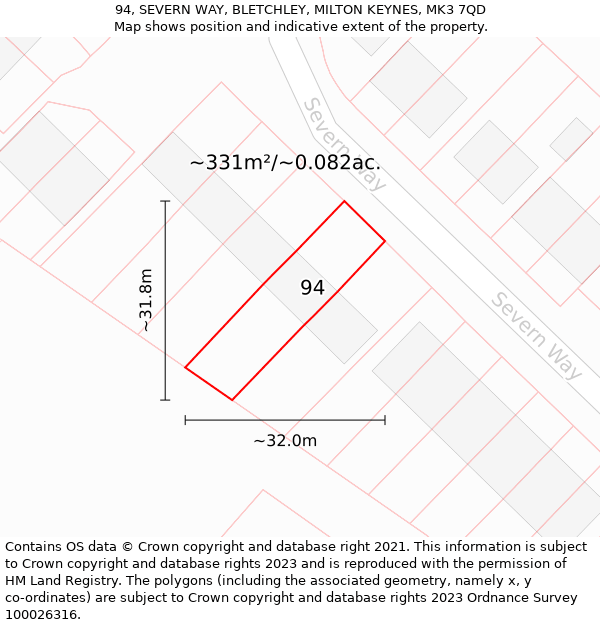 94, SEVERN WAY, BLETCHLEY, MILTON KEYNES, MK3 7QD: Plot and title map