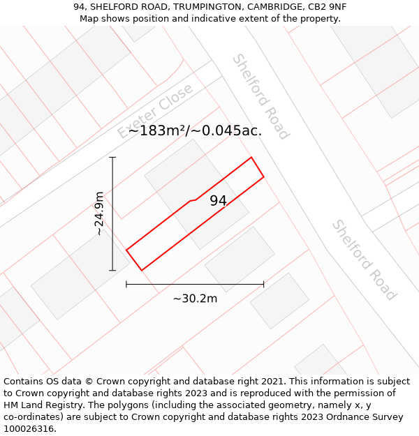 94, SHELFORD ROAD, TRUMPINGTON, CAMBRIDGE, CB2 9NF: Plot and title map