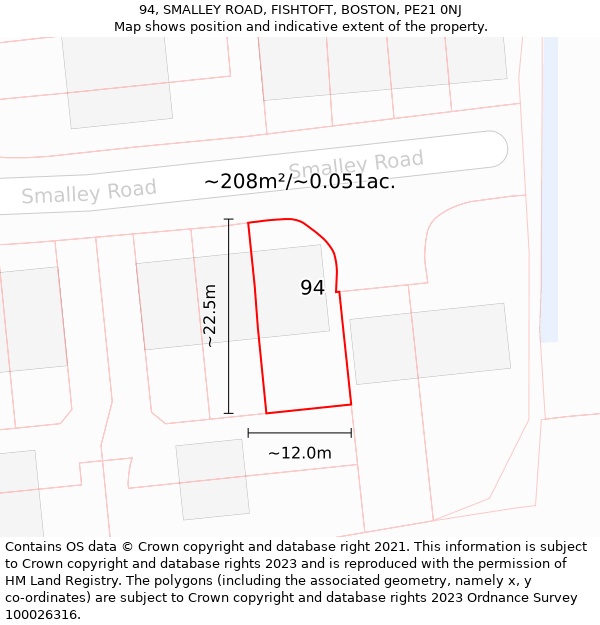 94, SMALLEY ROAD, FISHTOFT, BOSTON, PE21 0NJ: Plot and title map