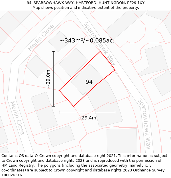 94, SPARROWHAWK WAY, HARTFORD, HUNTINGDON, PE29 1XY: Plot and title map