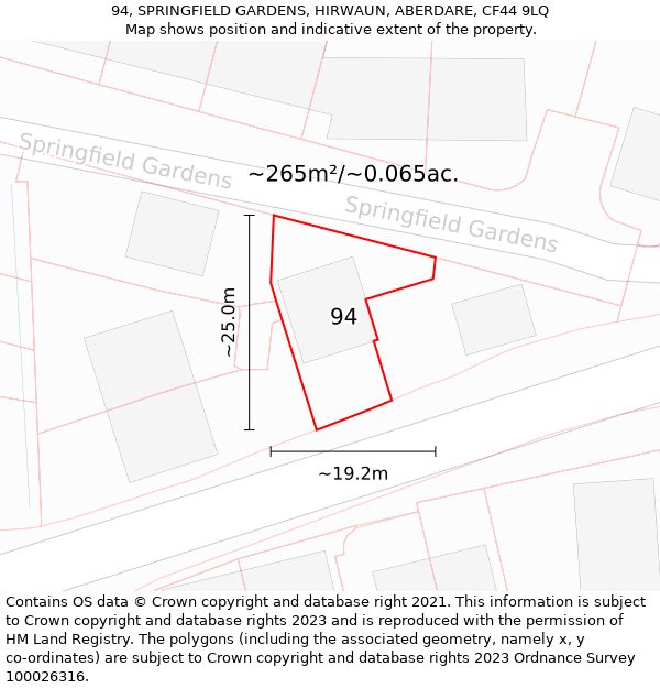 94, SPRINGFIELD GARDENS, HIRWAUN, ABERDARE, CF44 9LQ: Plot and title map