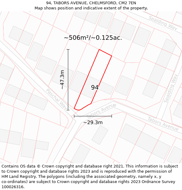 94, TABORS AVENUE, CHELMSFORD, CM2 7EN: Plot and title map