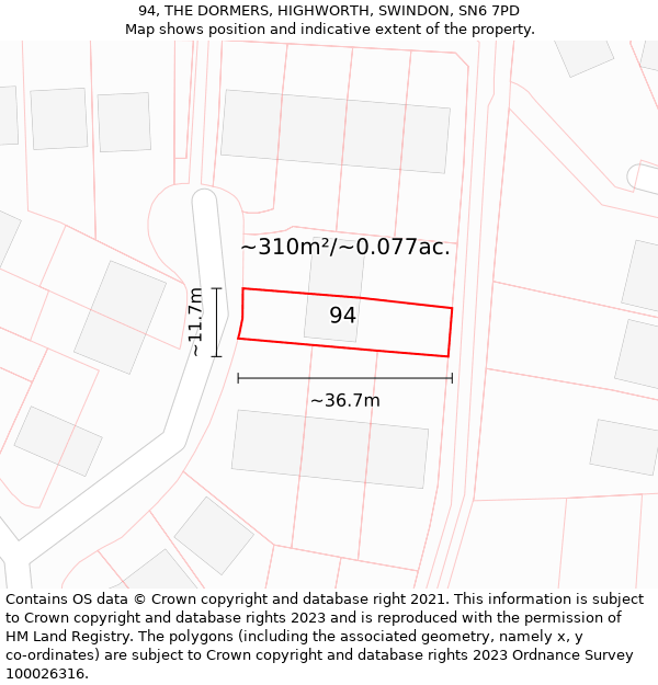 94, THE DORMERS, HIGHWORTH, SWINDON, SN6 7PD: Plot and title map