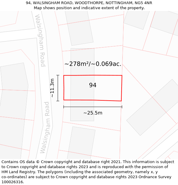 94, WALSINGHAM ROAD, WOODTHORPE, NOTTINGHAM, NG5 4NR: Plot and title map