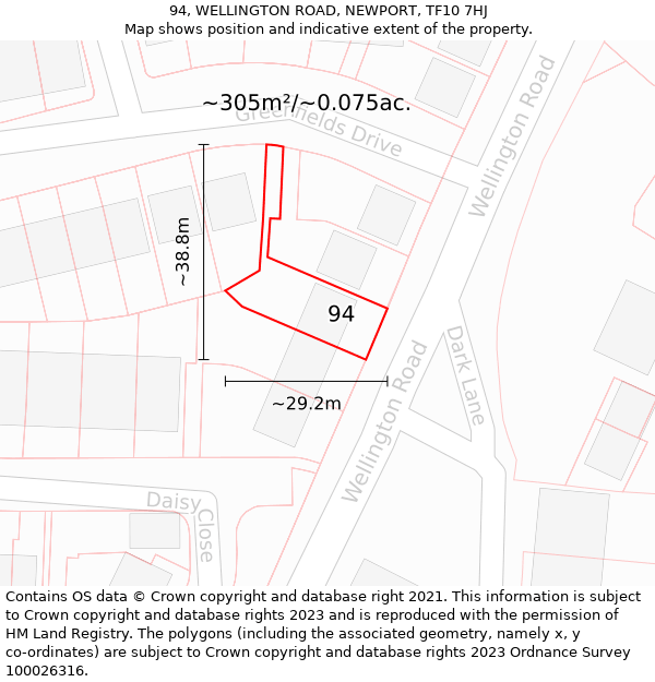 94, WELLINGTON ROAD, NEWPORT, TF10 7HJ: Plot and title map