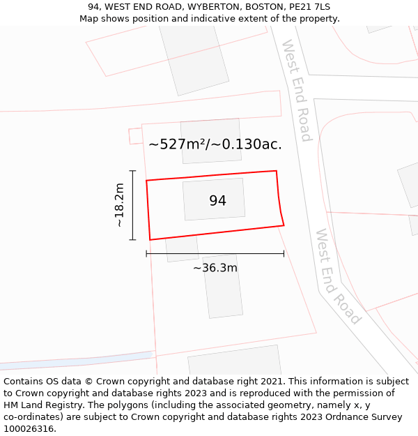 94, WEST END ROAD, WYBERTON, BOSTON, PE21 7LS: Plot and title map