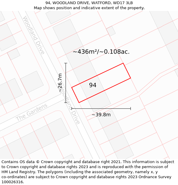 94, WOODLAND DRIVE, WATFORD, WD17 3LB: Plot and title map