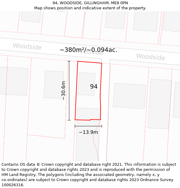 94, WOODSIDE, GILLINGHAM, ME8 0PN: Plot and title map