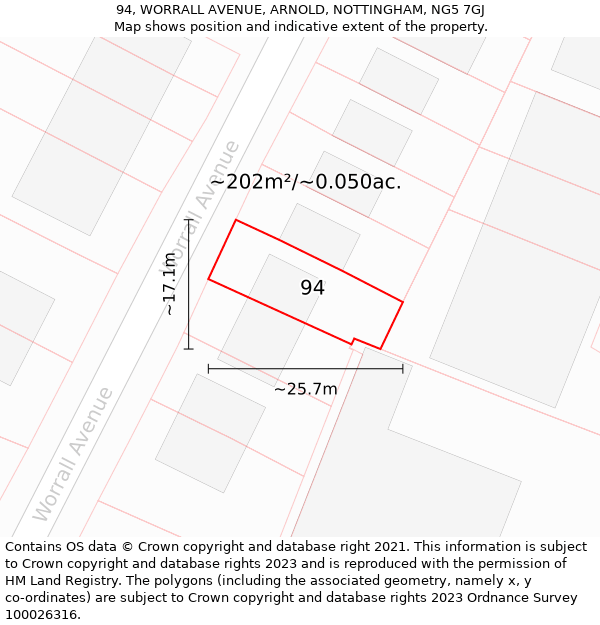 94, WORRALL AVENUE, ARNOLD, NOTTINGHAM, NG5 7GJ: Plot and title map