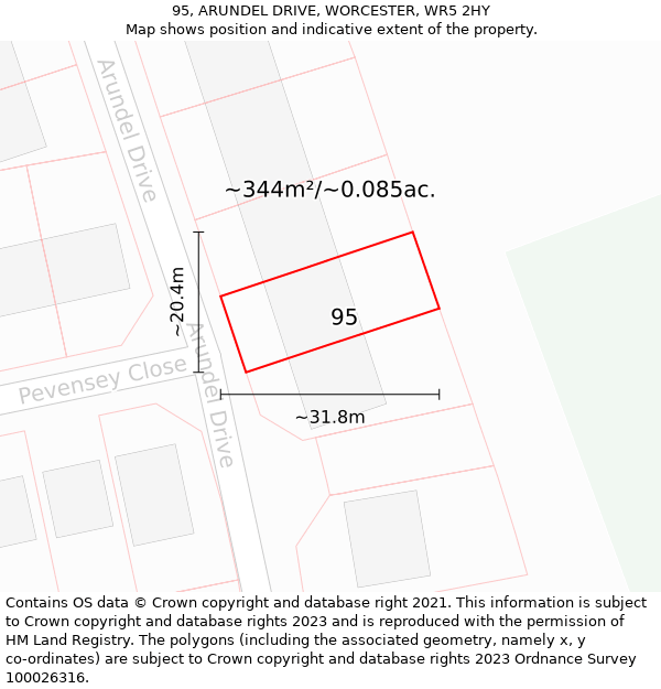 95, ARUNDEL DRIVE, WORCESTER, WR5 2HY: Plot and title map