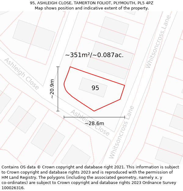 95, ASHLEIGH CLOSE, TAMERTON FOLIOT, PLYMOUTH, PL5 4PZ: Plot and title map