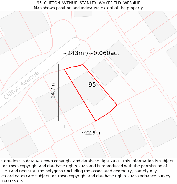 95, CLIFTON AVENUE, STANLEY, WAKEFIELD, WF3 4HB: Plot and title map