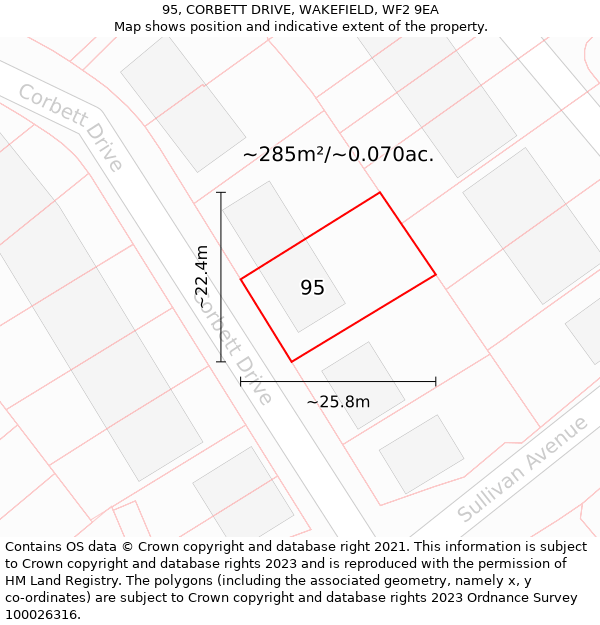 95, CORBETT DRIVE, WAKEFIELD, WF2 9EA: Plot and title map