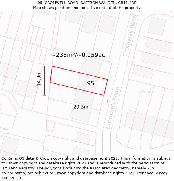 95, CROMWELL ROAD, SAFFRON WALDEN, CB11 4BE: Plot and title map