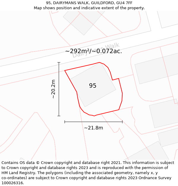 95, DAIRYMANS WALK, GUILDFORD, GU4 7FF: Plot and title map