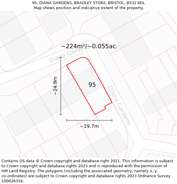 95, DIANA GARDENS, BRADLEY STOKE, BRISTOL, BS32 8DL: Plot and title map