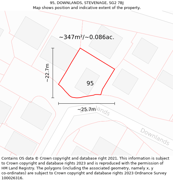 95, DOWNLANDS, STEVENAGE, SG2 7BJ: Plot and title map