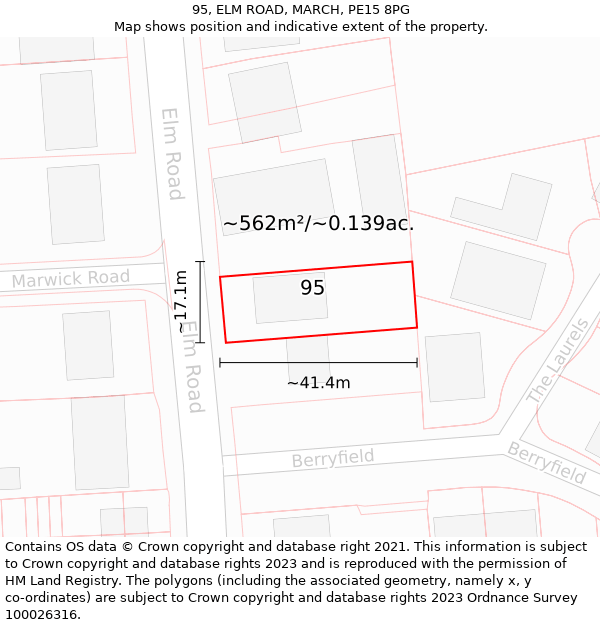 95, ELM ROAD, MARCH, PE15 8PG: Plot and title map