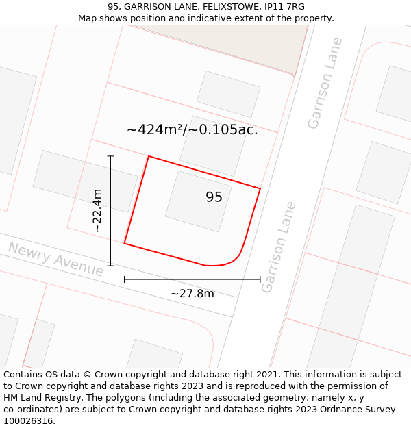 95, GARRISON LANE, FELIXSTOWE, IP11 7RG: Plot and title map