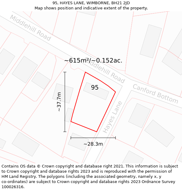 95, HAYES LANE, WIMBORNE, BH21 2JD: Plot and title map