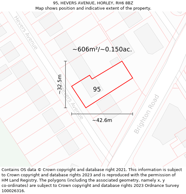 95, HEVERS AVENUE, HORLEY, RH6 8BZ: Plot and title map