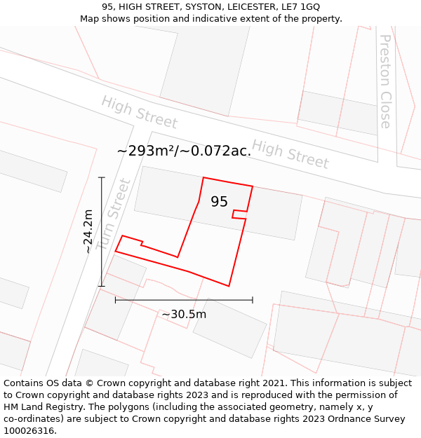 95, HIGH STREET, SYSTON, LEICESTER, LE7 1GQ: Plot and title map
