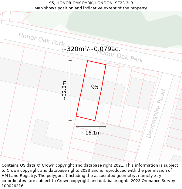 95, HONOR OAK PARK, LONDON, SE23 3LB: Plot and title map