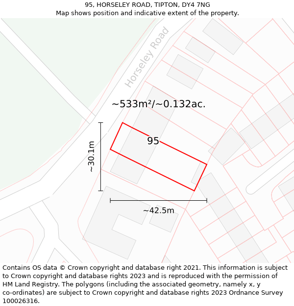 95, HORSELEY ROAD, TIPTON, DY4 7NG: Plot and title map