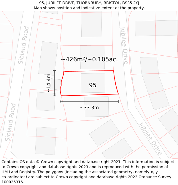 95, JUBILEE DRIVE, THORNBURY, BRISTOL, BS35 2YJ: Plot and title map