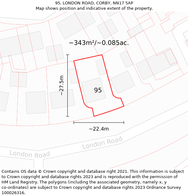 95, LONDON ROAD, CORBY, NN17 5AP: Plot and title map