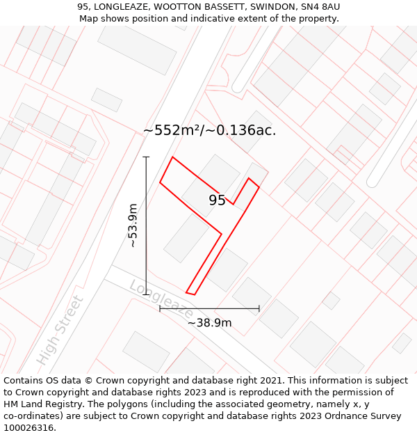 95, LONGLEAZE, WOOTTON BASSETT, SWINDON, SN4 8AU: Plot and title map