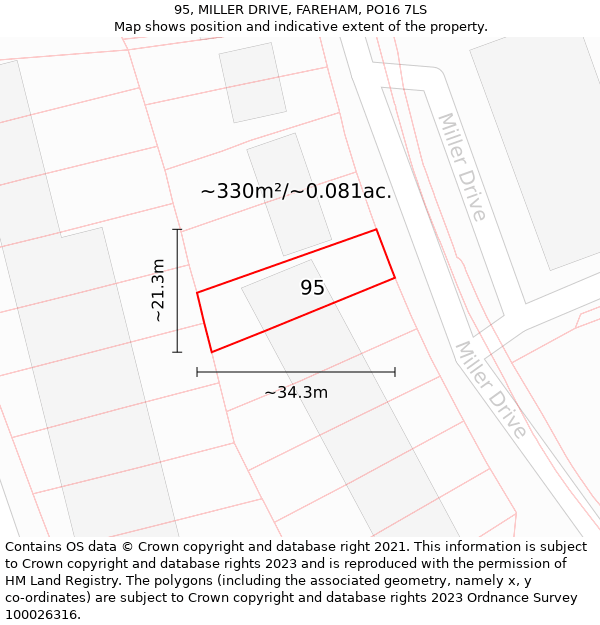 95, MILLER DRIVE, FAREHAM, PO16 7LS: Plot and title map