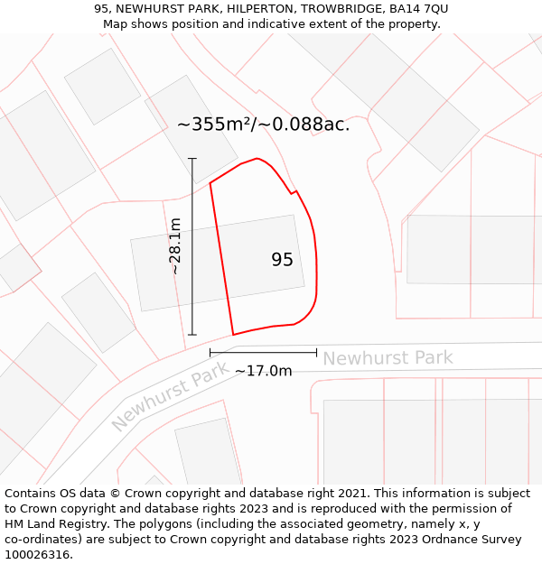 95, NEWHURST PARK, HILPERTON, TROWBRIDGE, BA14 7QU: Plot and title map