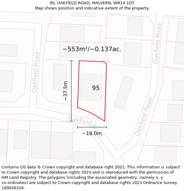 95, OAKFIELD ROAD, MALVERN, WR14 1DT: Plot and title map
